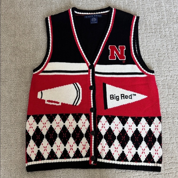 Vintage Nebraska Football Cornhuskers Sweater Vest argyle black white red button - Picture 1 of 4